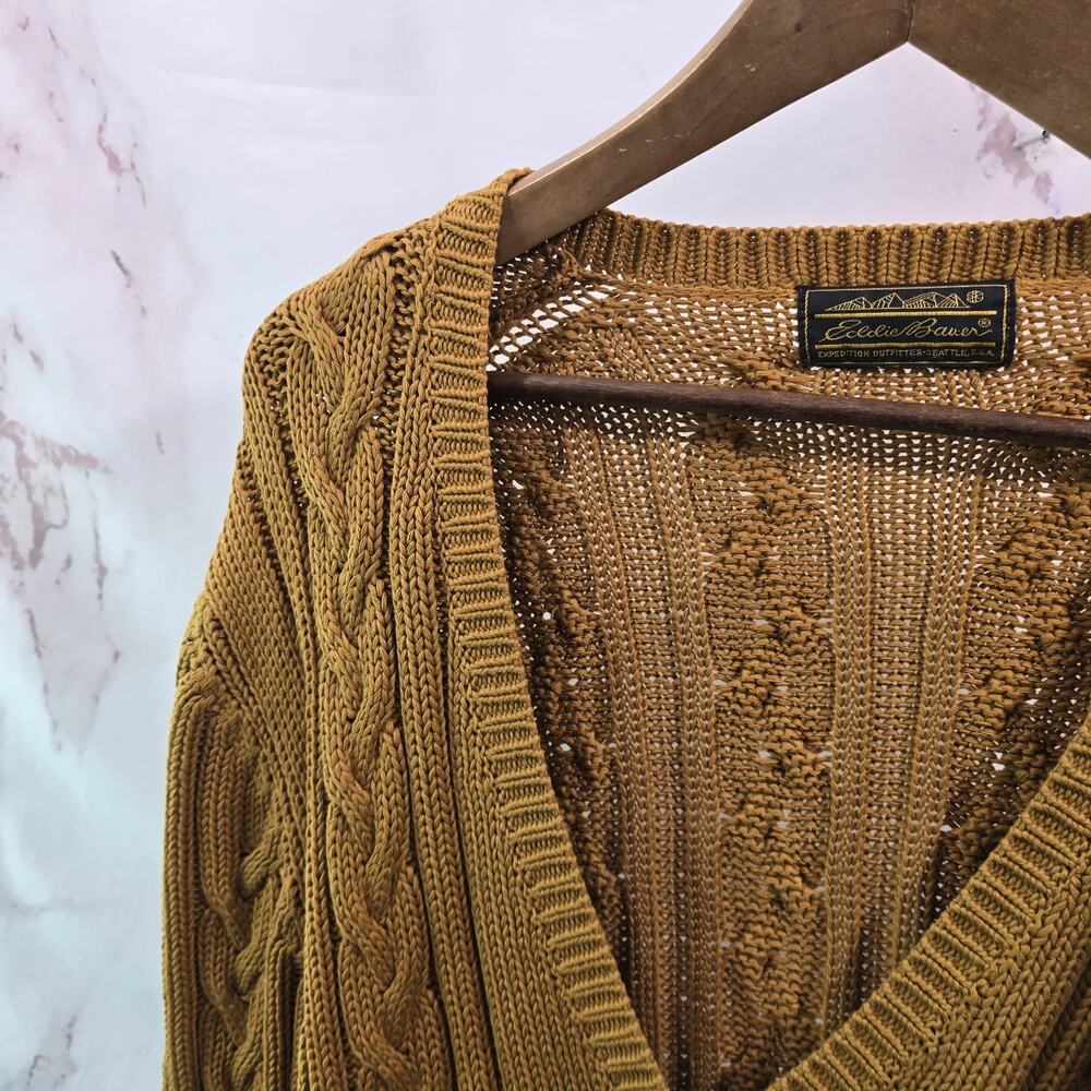 Vintage Eddie Bauer Sweater Womens XL Mustard V Neck 90s Cable Knit Fisherman - Picture 2 of 10